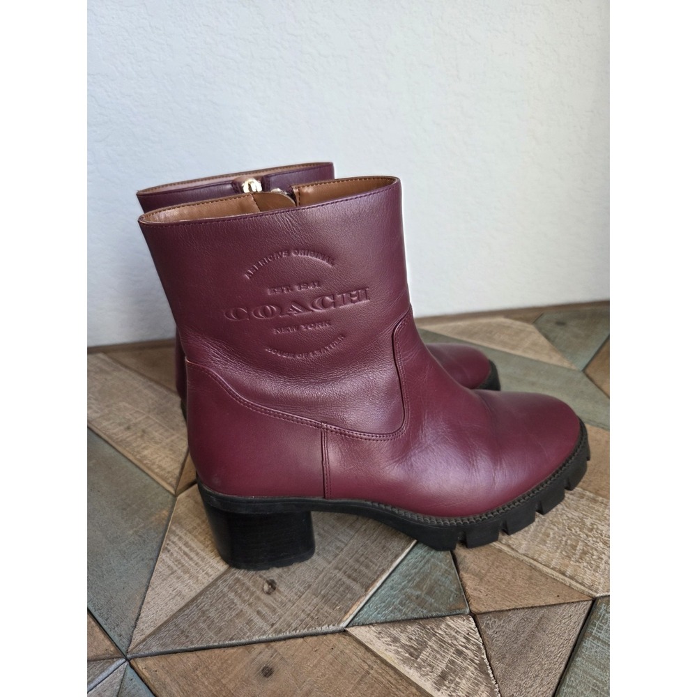Coach Corinna Bootie Wine CC77 Size 8 B Boots Burgundy‎ Embossed Chunky - Picture 4 of 9